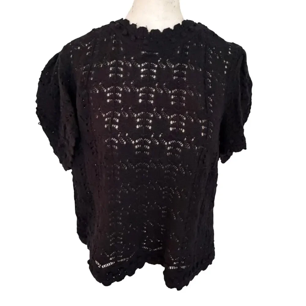 Anthropologie Black Crochet Short Sleeve Scalloped Sweater Women Size XL Petite